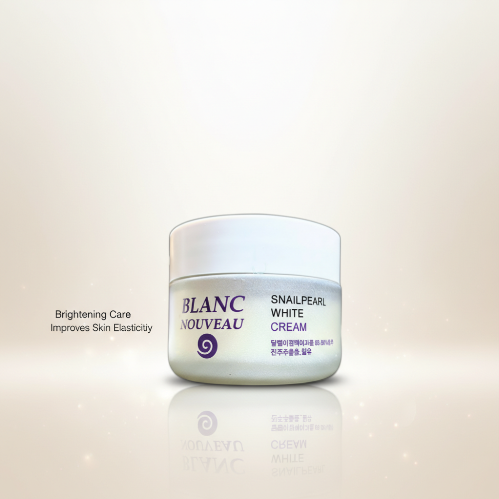 Jar of Blanc Nouveau Snailpearl White Cream on a beige background