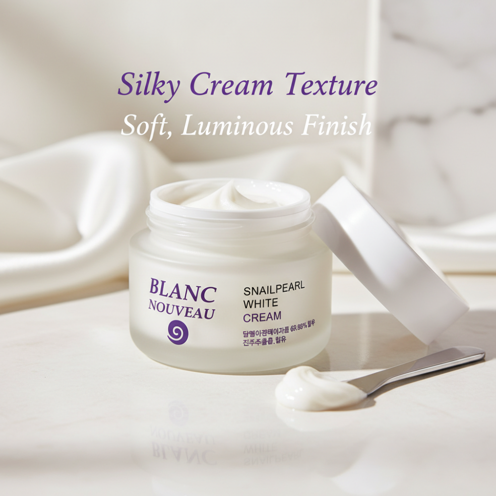 Jar of Blanc Nouveau Snailpearl White Cream with a spoonful of cream on a soft background