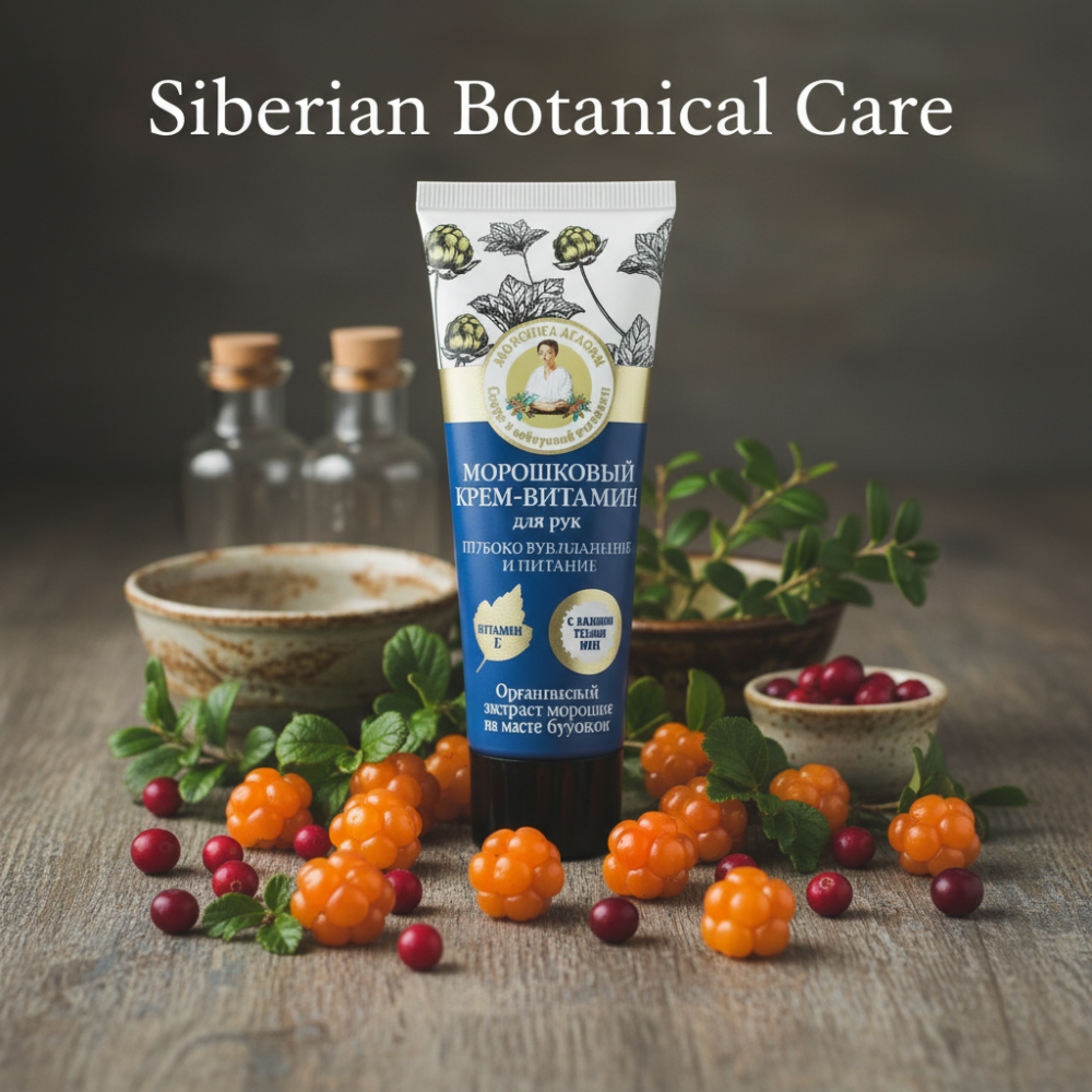 Siberian Botanical Care product with natural ingredients on a rustic wooden background