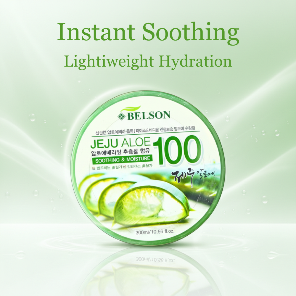 Belson Jeju Aloe 100 jar with aloe vera slices on a light green background