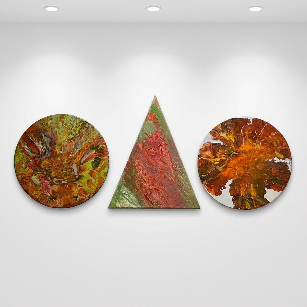 Echoes of Autumn – 3-Piece Geometric Abstract Painting Set (Circle & Triangle) | Handmade Wall Art by Abha Kochar