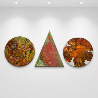 Echoes of Autumn – 3-Piece Geometric Abstract Painting Set (Circle & Triangle) | Handmade Wall Art by Abha Kochar