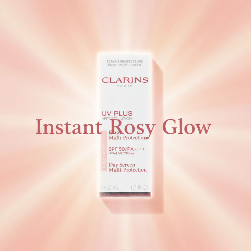 Clarins UV Plus Instant Rosy Glow packaging on a pink gradient background