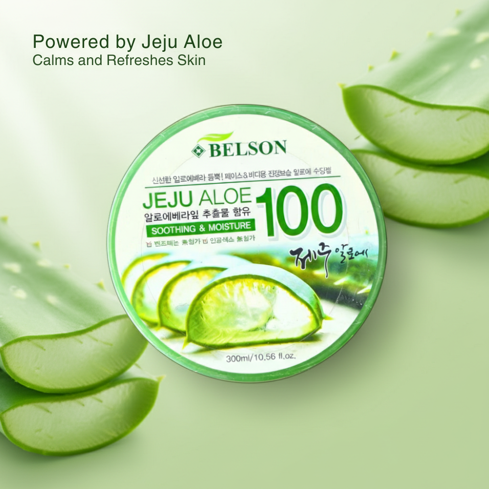 Belson Jeju Aloe 100 jar with aloe vera slices on a green background
