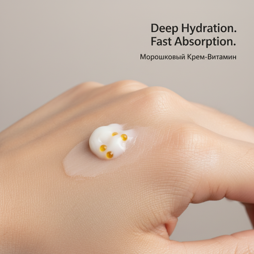 Skin with a small amount of cream applied, labeled 'Deep Hydration. Fast Absorption.'