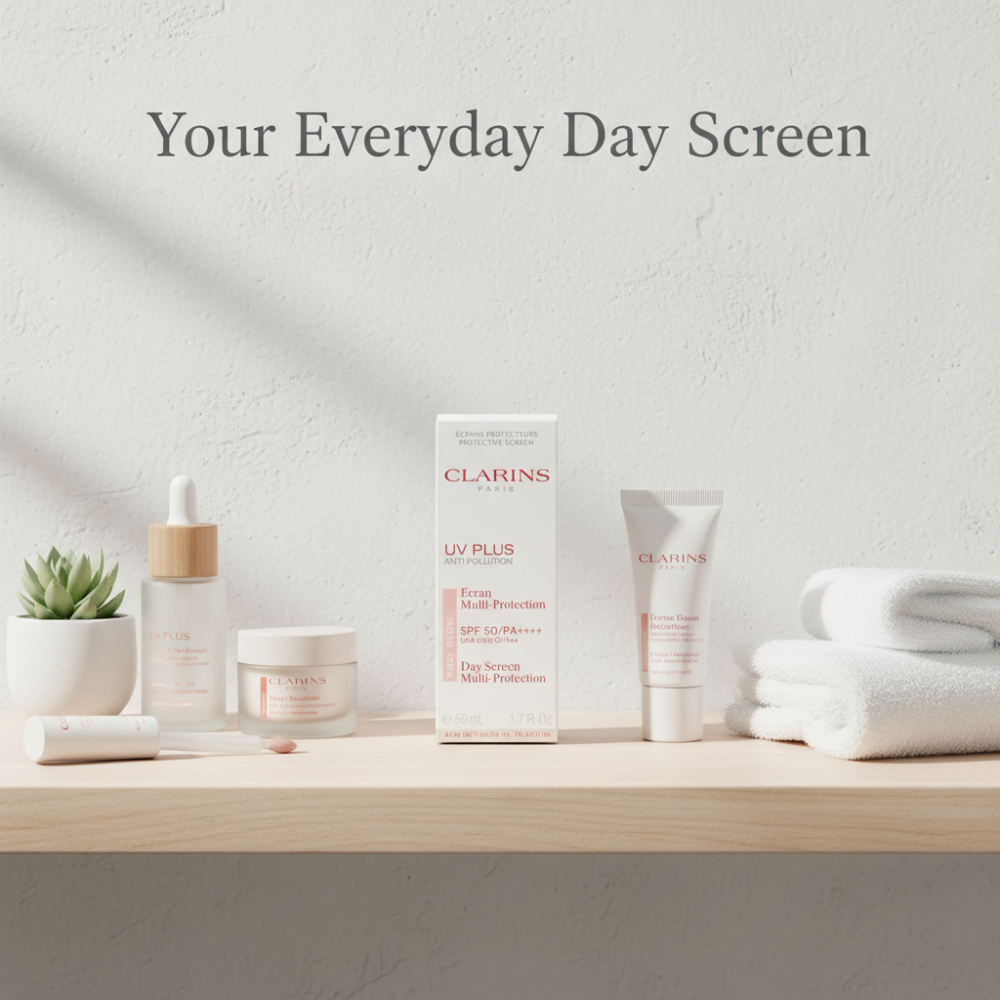 Clarins skincare products on a wooden surface with a light gray background