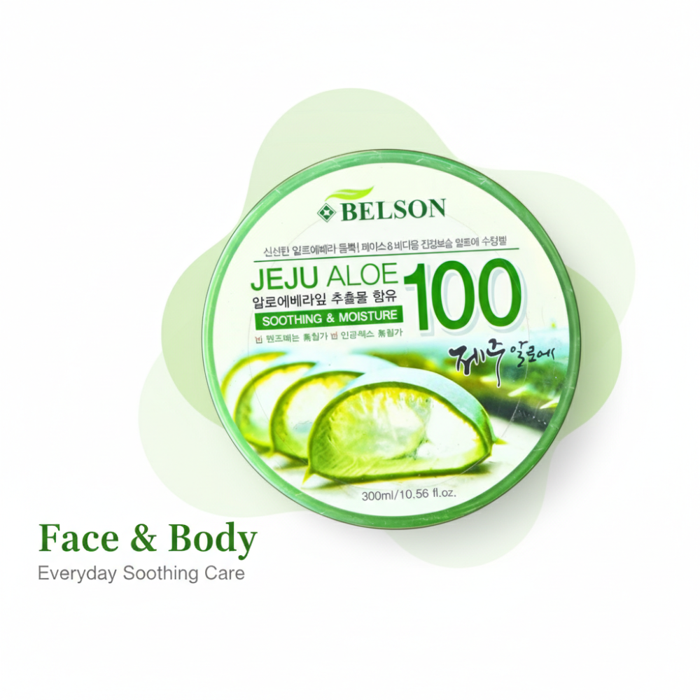 Belson Jeju Aloe 100 jar with aloe vera slices on a white background