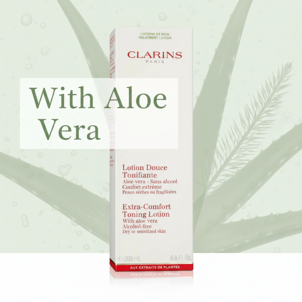 Clarins Extra-Comfort Toning Lotion packaging with aloe vera on a light green background