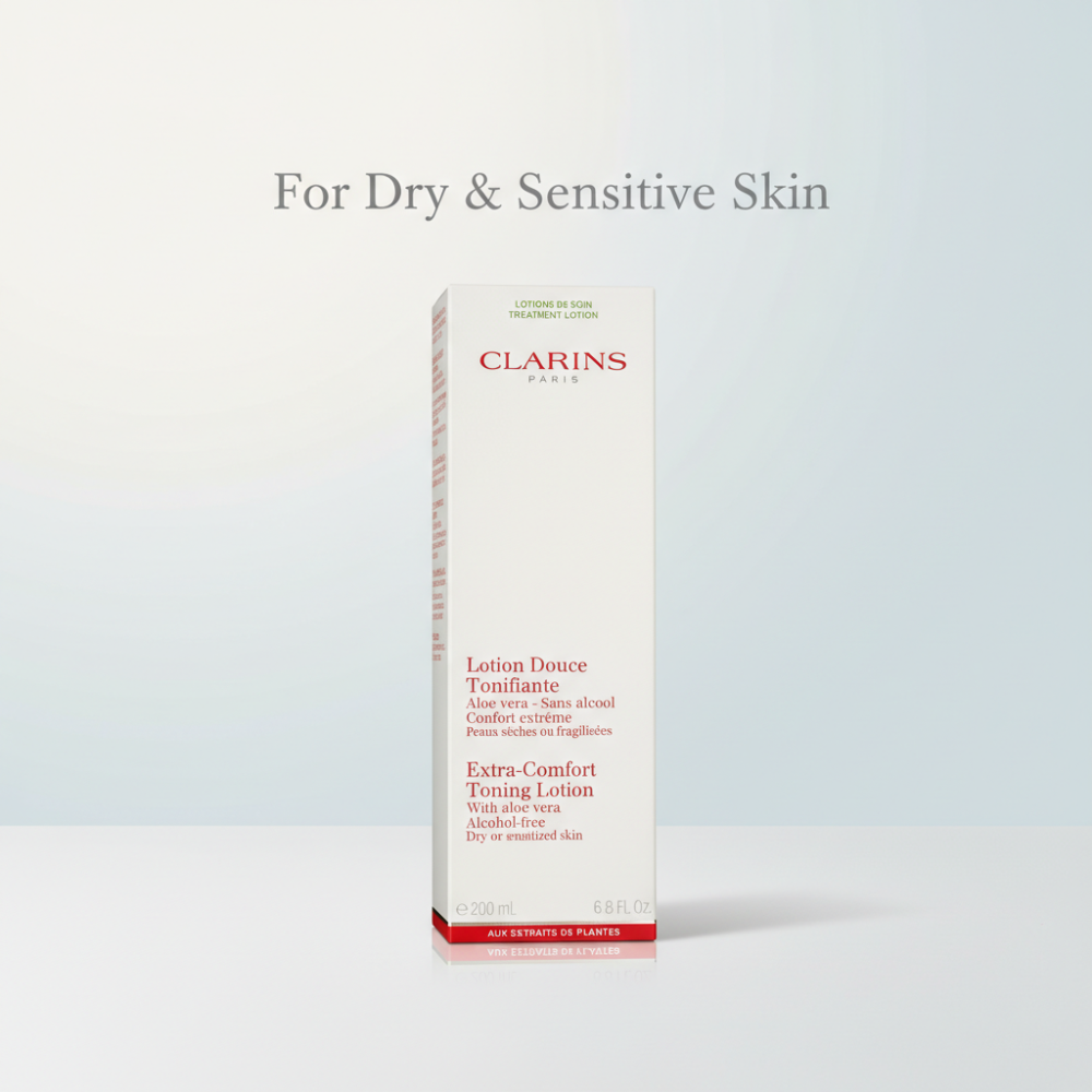 Clarins Extra-Comfort Toning Lotion for dry and sensitive skin on a white background