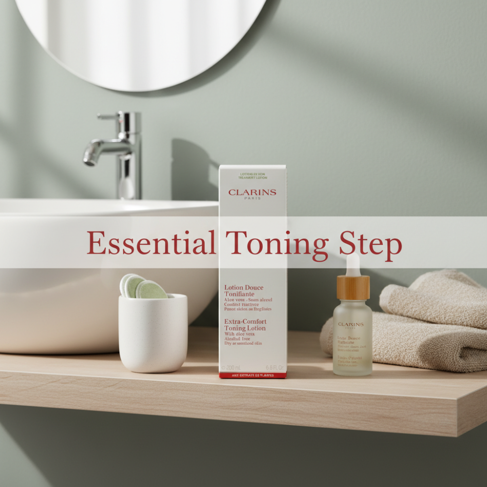 Clarins skincare products on a bathroom shelf with mirror and sink in the background