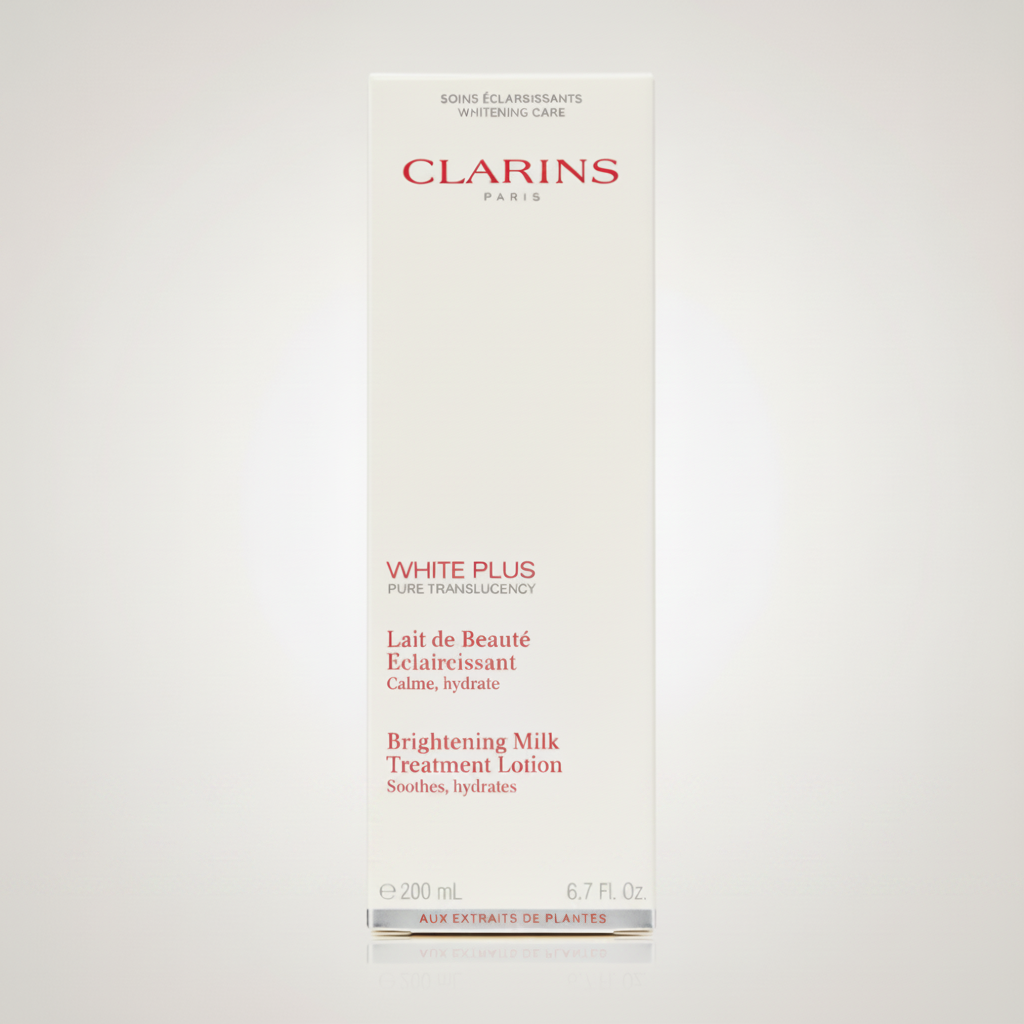 Clarins Brightening Milk Treatment Lotion packaging on a light gray background