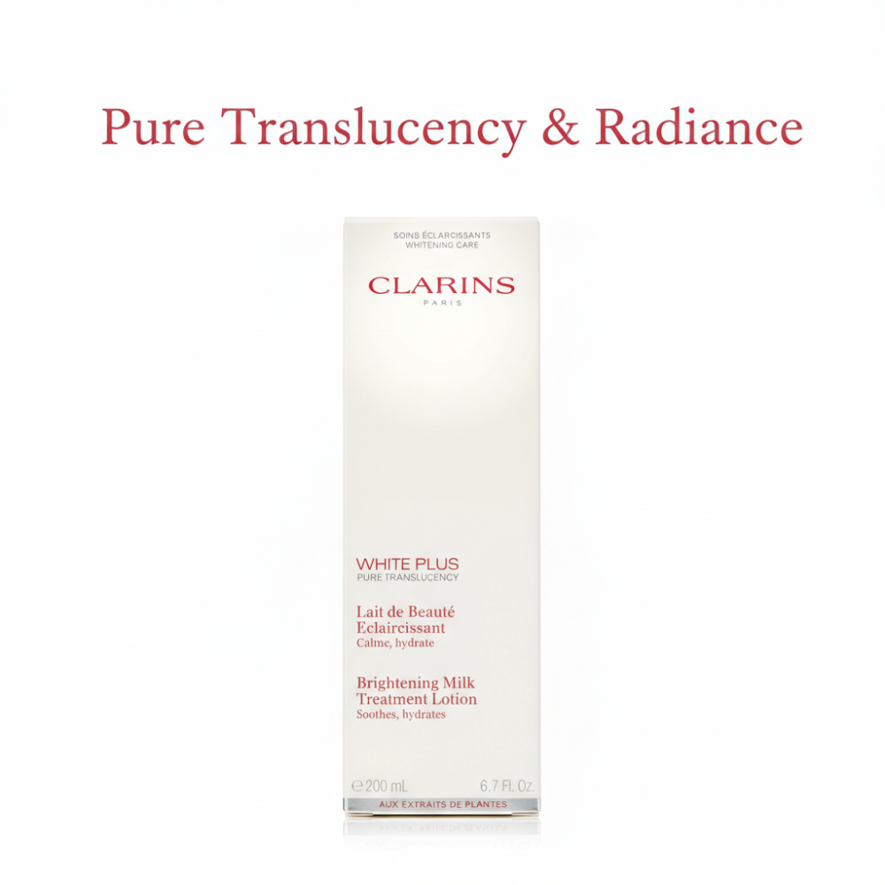 Clarins skincare product packaging with 'Pure Translucency & Radiance' text on a white background