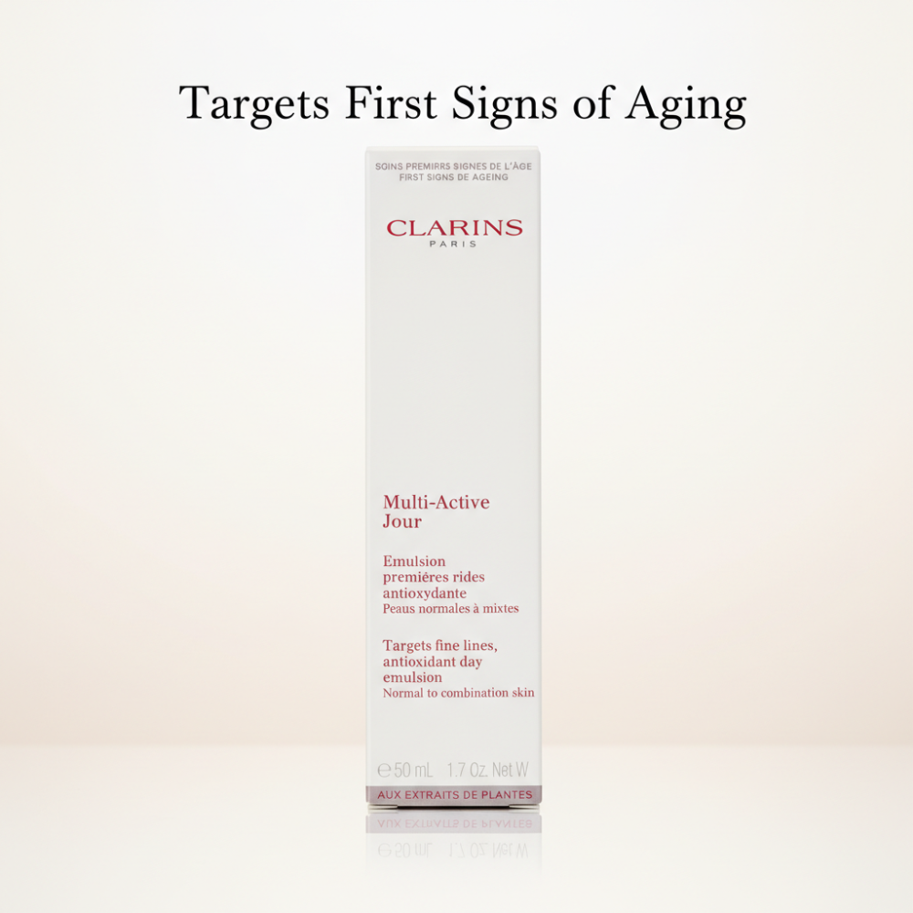 Clarins Multi-Active Jour skincare product on a gradient background