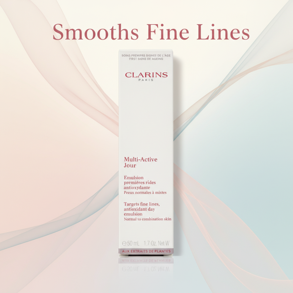 Clarins Multi-Active Jour skincare product on a soft, multicolored background