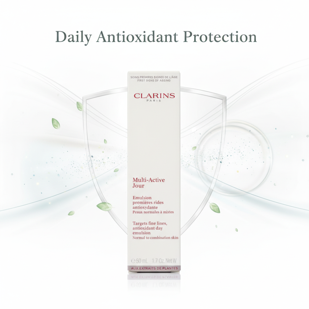 Clarins skincare product with 'Daily Antioxidant Protection' text on a white background