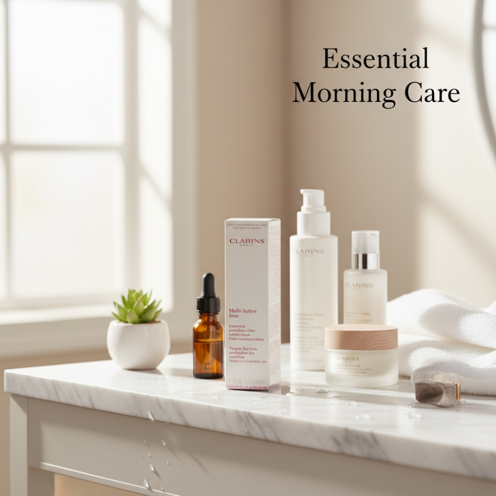 Cosmetic products on a marble surface with 'Essential Morning Care' text