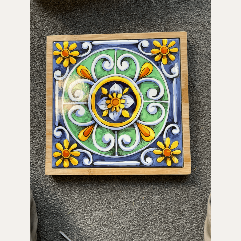 Turkish Hotpot Tile – Navy Daisy Wheel, original product photo, bamboo frame