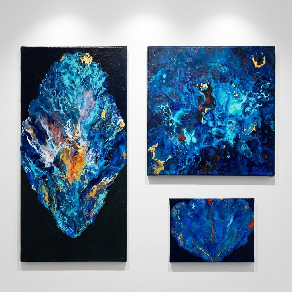 Blue Hues – Set of 3 Handmade Abstract Acrylic Paintings | Modern Blue Wall Art by Abha Kochar