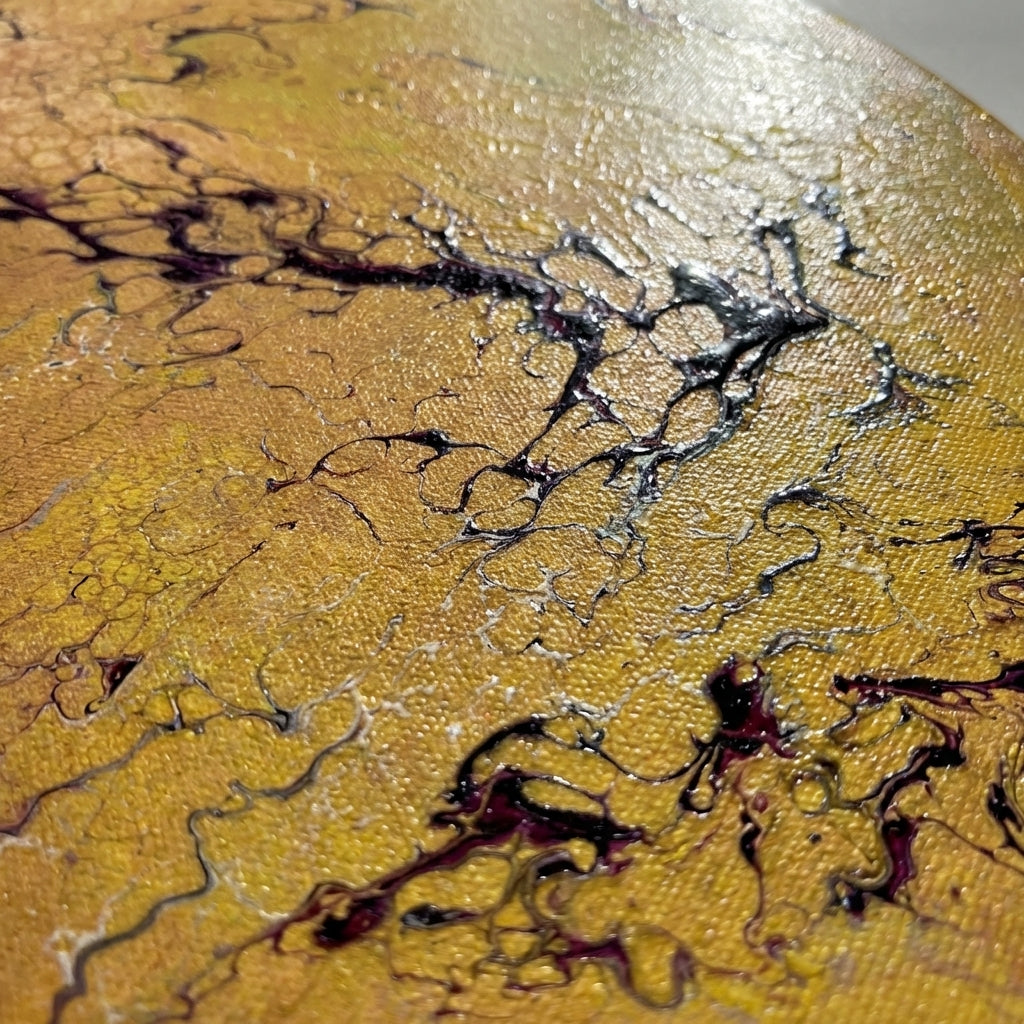 Golden Rift (Dhara-I) – Luxury Abstract Oval Acrylic Painting (41 cm Height) | Modern Gold Statement Wall Art by Abha Kochar