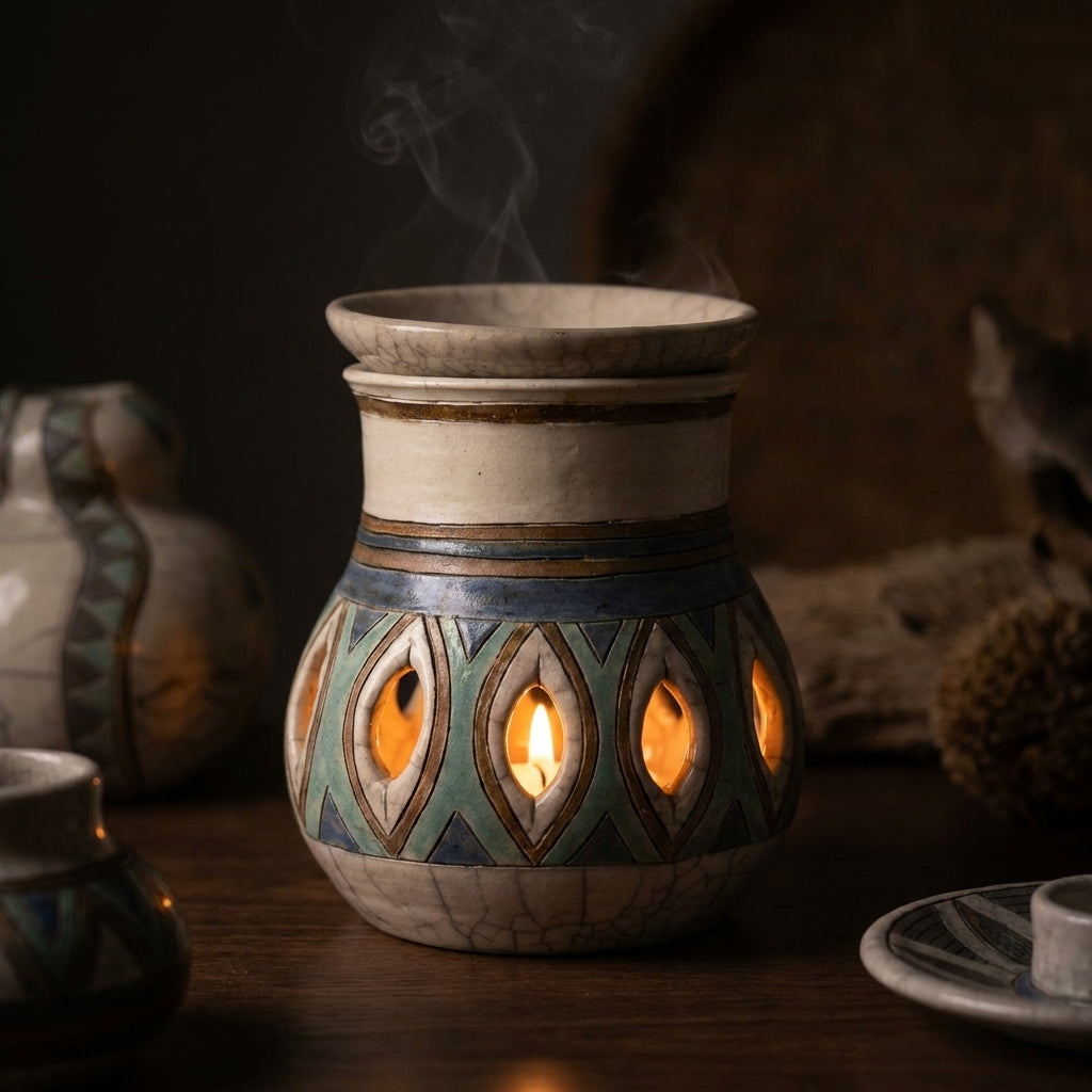 Japanese Raku Pottery Aromatherapy Oil Burner | Handmade Ceramic Diffuser Crackle Glaze India