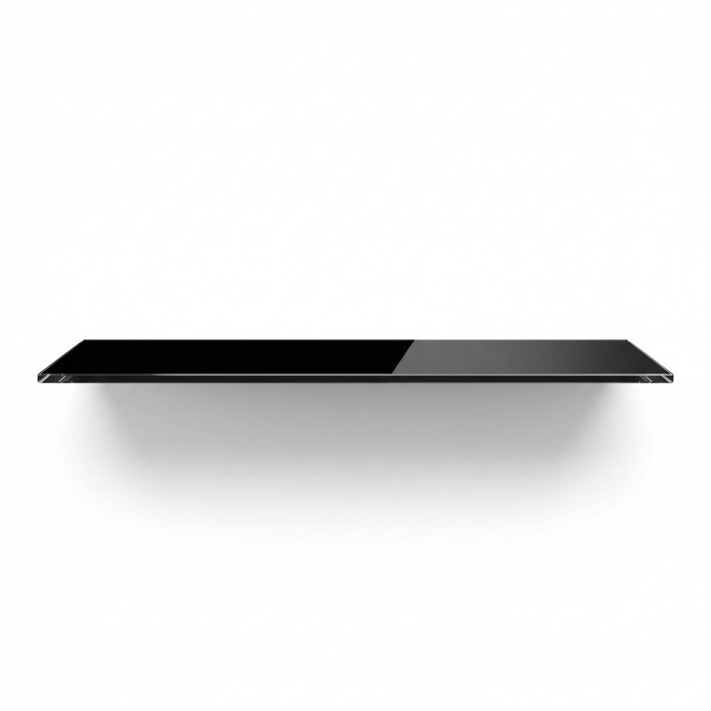 black toughened (80cmx10cm) Glass shelf with bathroom products against a white background