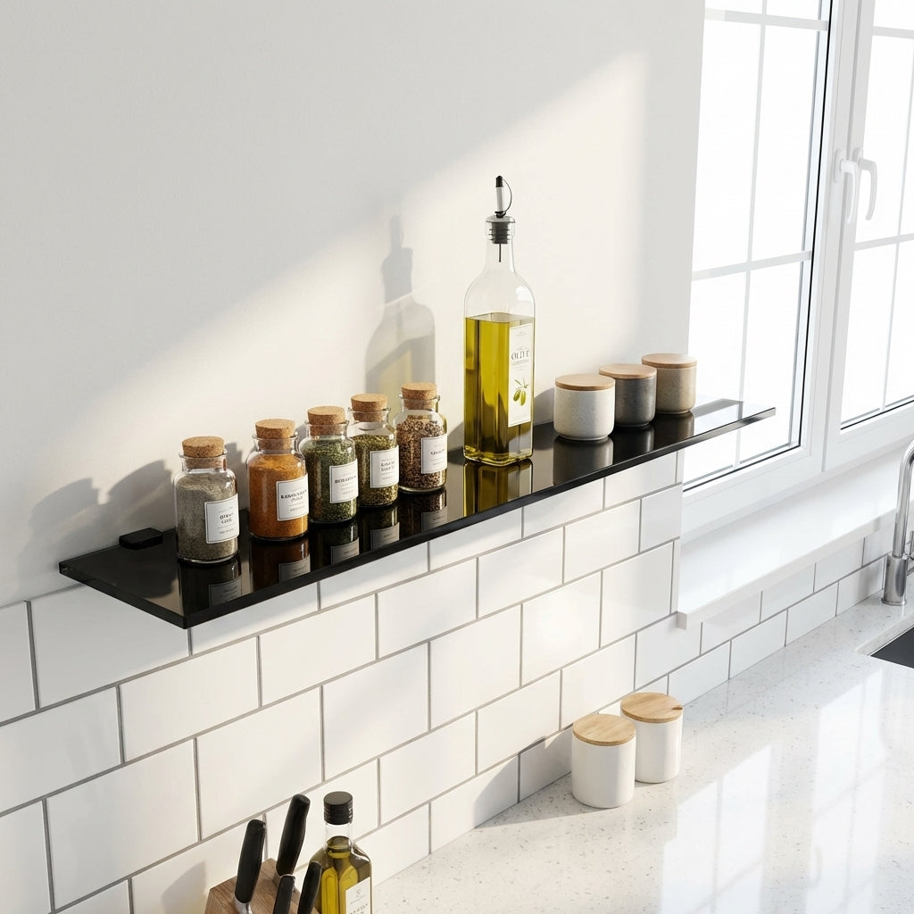 black toughened (80cmx10cm) Glass shelf with kitchen products against a tiled wall