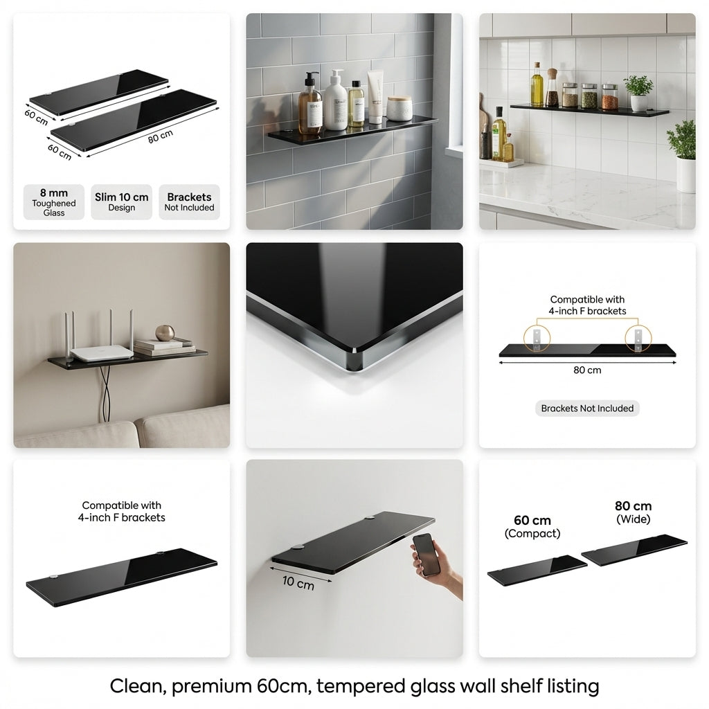 Collage of tempered glass wall shelves in various settings with specifications.