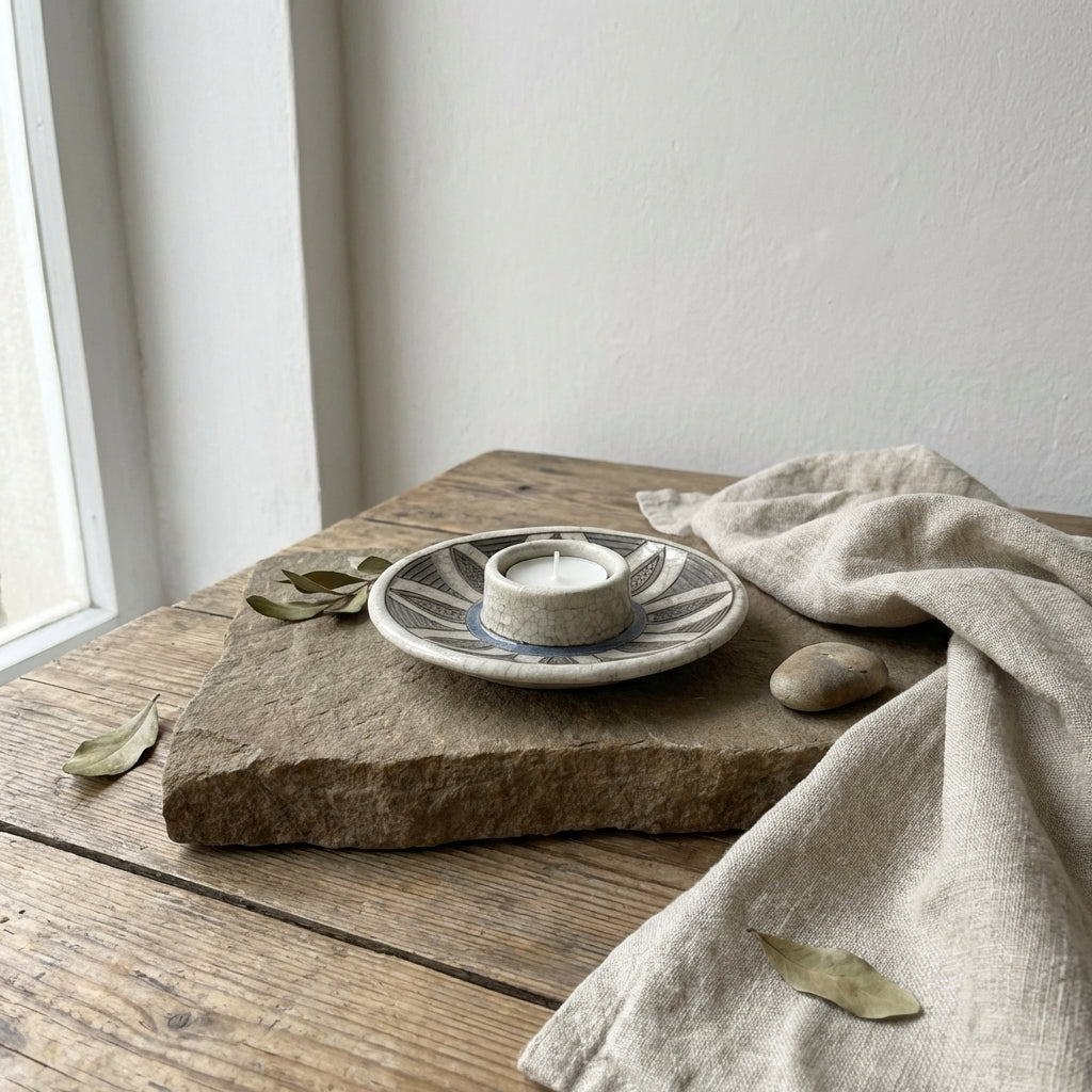 Japanese Raku Pottery Candle Stand | Floral Crackle Glaze Handmade Tea Light Holder India