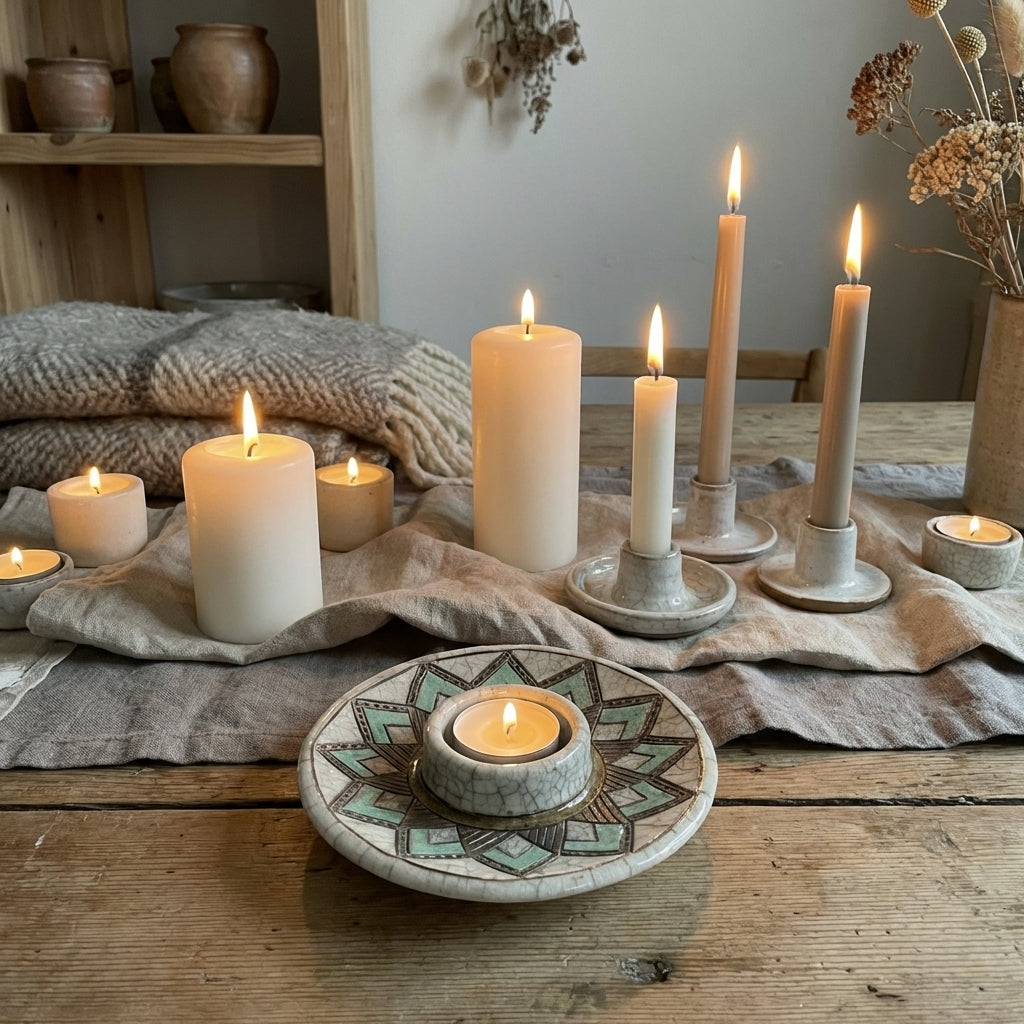 Buy Raku Pottery Candle Stand | Geometric Crackle Glaze Tea Light