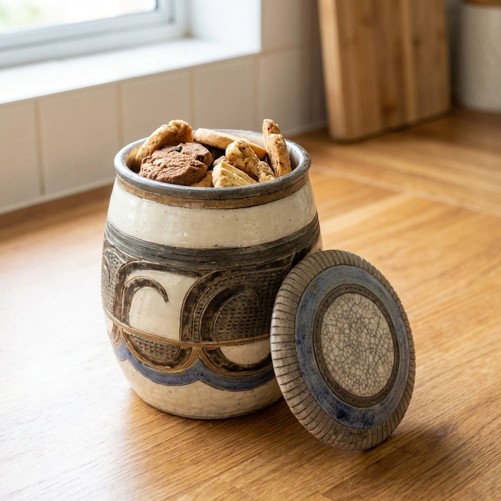Raku pottery cookie Jar by Rika (RF) Decorative ceramic jar with cookies on a wooden floor