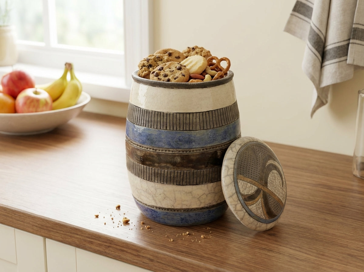 Raku pottery cookie Jar by Rika (RF) on a table in a modern looking kitchen