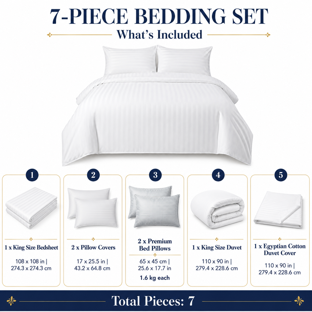 Luxury Egyptian Cotton Bedding Set – White King Size 7-Piece Hotel-Style Bed Linen Set
