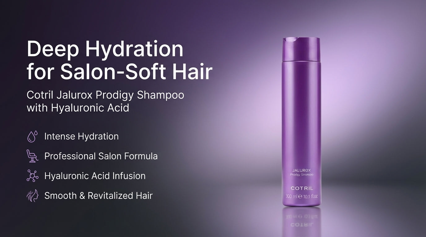 Cotril Jailurox shampoo bottle with text about deep hydration for salon-soft hair on a dark background