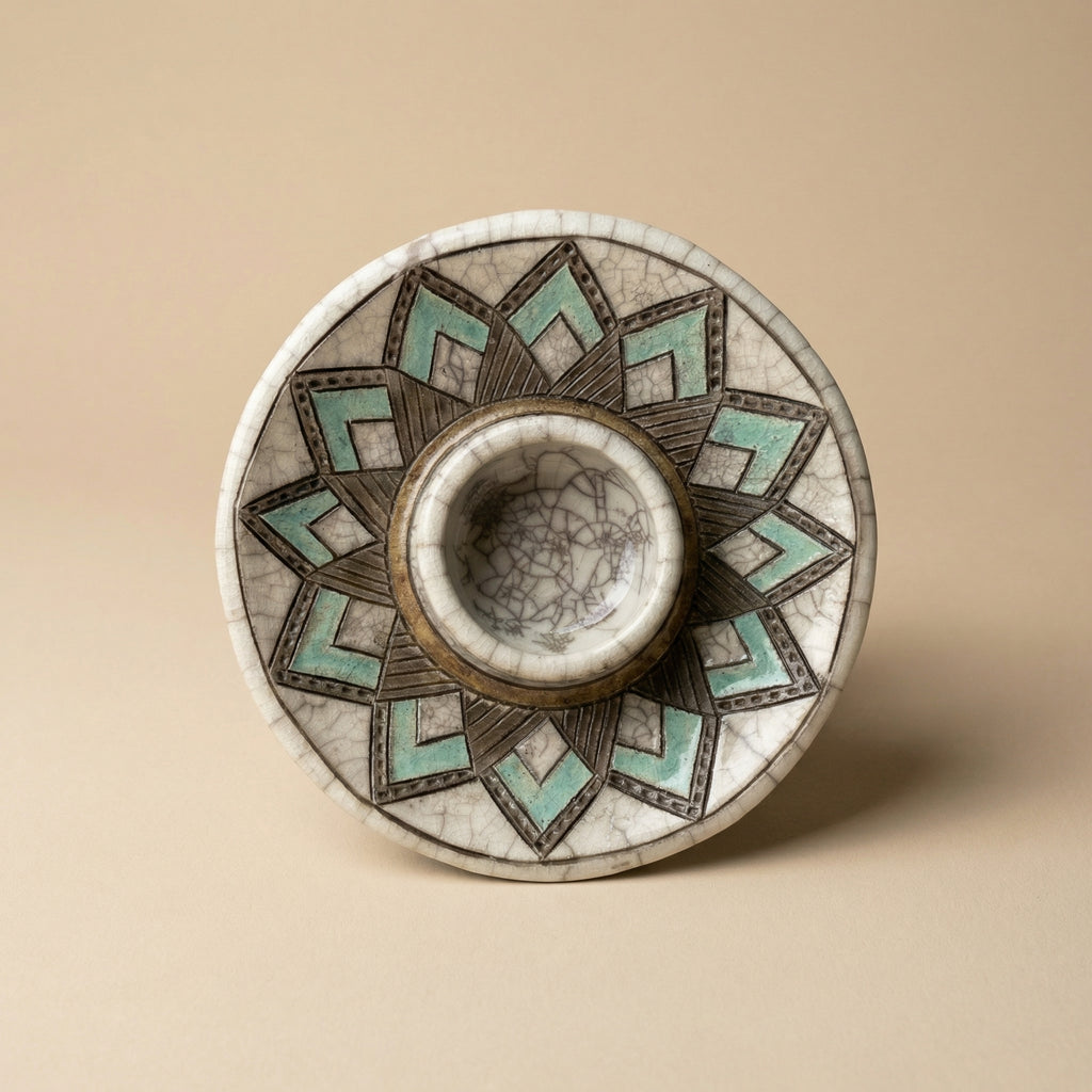 Japanese Raku Pottery Candle Stand | Geometric Crackle Glaze Handmade Tea Light Holder India