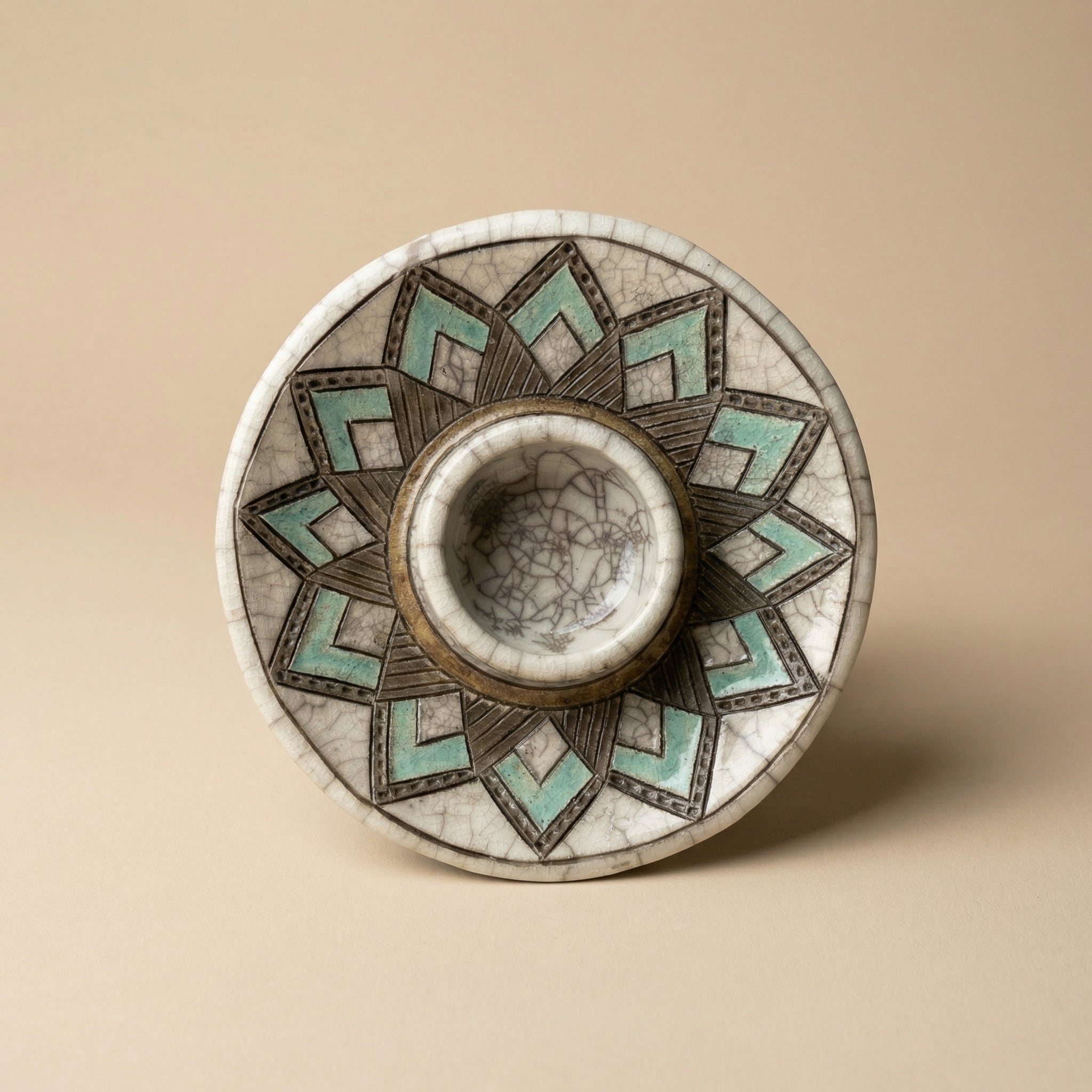 Japanese Raku Pottery Candle Stand | Geometric Crackle Glaze Handmade Tea Light Holder India