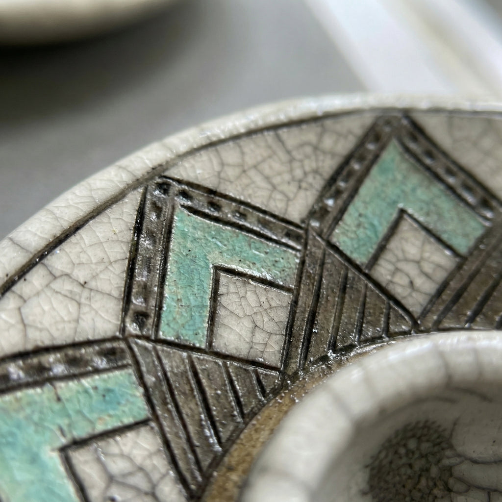 Japanese Raku Pottery Candle Stand | Geometric Crackle Glaze Handmade Tea Light Holder India
