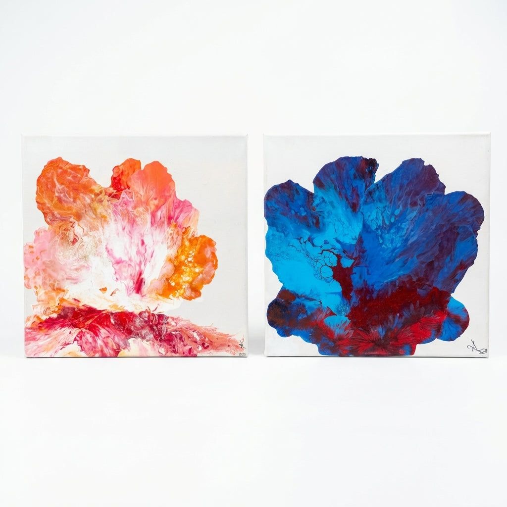 Blooms – Luxury Abstract Floral Acrylic Painting (Set of 2, 41x41 cm each) | Modern Wall Art by Abha Kochar