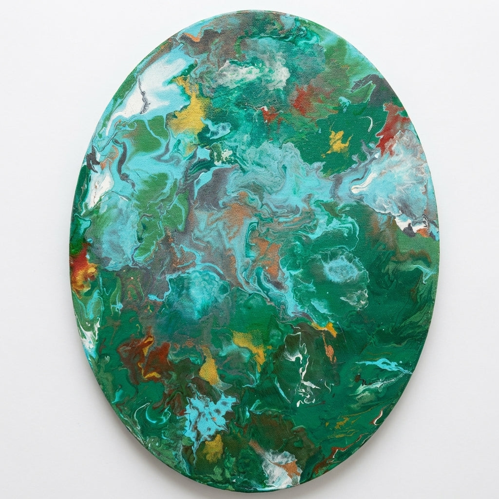 Emerald Flow (Dhara-II)– Luxury Abstract Oval Acrylic Painting (41 cm Height) | Modern Green Statement Wall Art by Abha Kochar