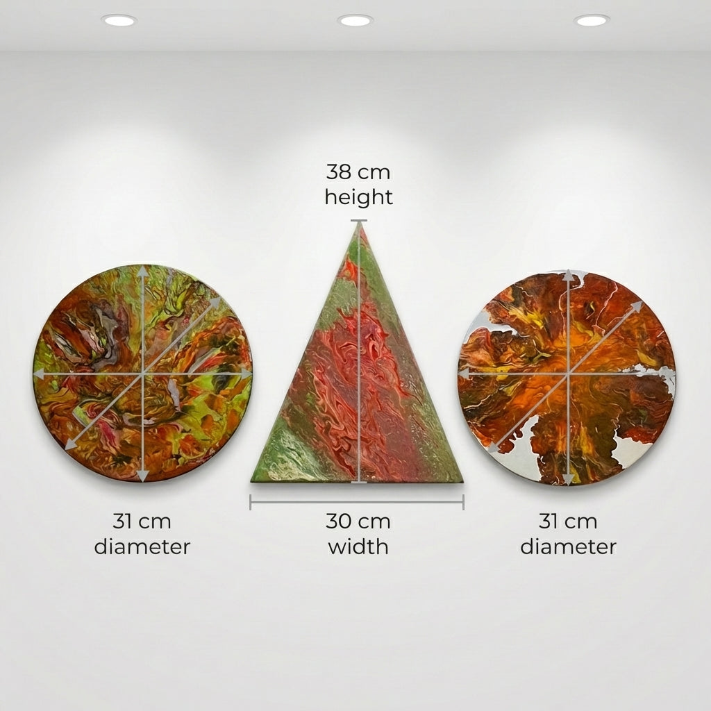 Echoes of Autumn – 3-Piece Geometric Abstract Painting Set (Circle & Triangle) | Handmade Wall Art by Abha Kochar
