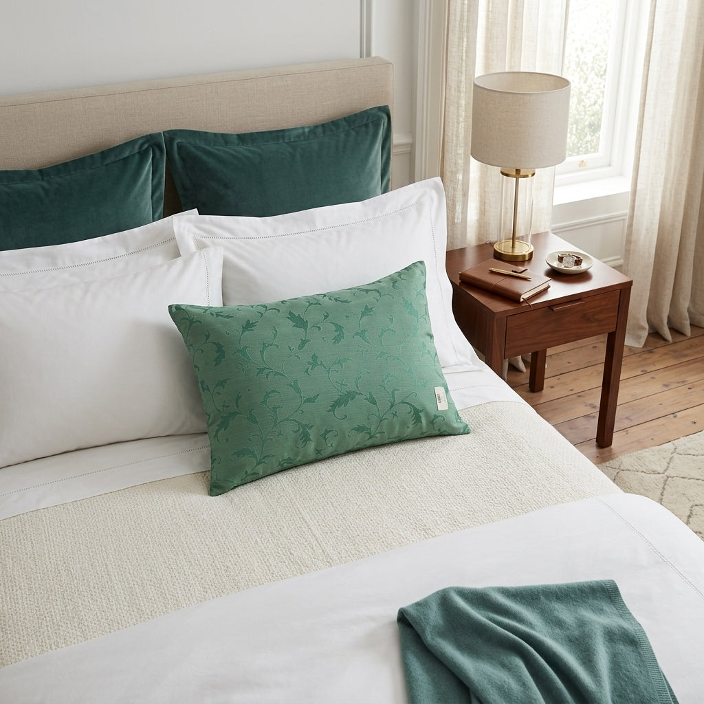 Bedroom with a bed featuring green and white pillows, a lamp on a nightstand, and curtains.