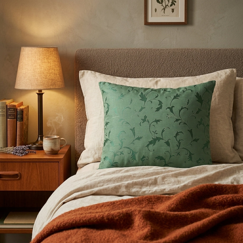 Bedroom with a bed featuring a green patterned pillow, brown blanket, and wooden nightstand with lamp and books.