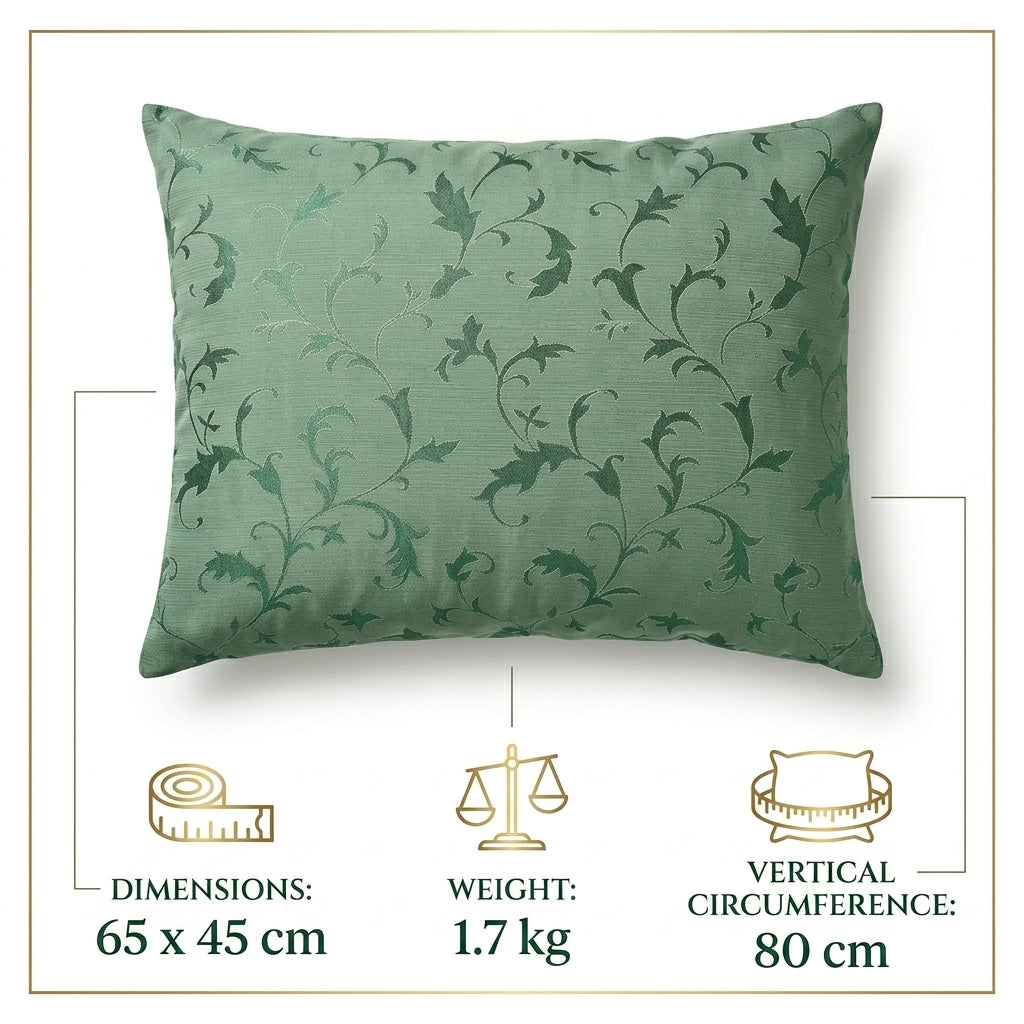 Green patterned pillow with dimensions, weight, and circumference details on a white background