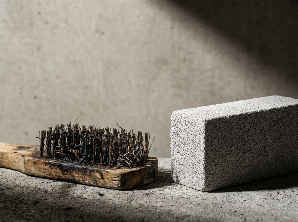 comparing grill-brick-usa-for-griddle-cleaning with a wire brush