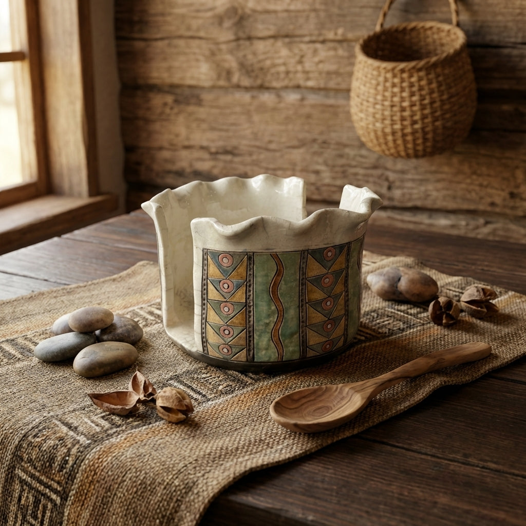 Raku pottery Flower vase by Rika (RF) ceramic container with geometric patterns on a wooden table with stones and a spoon.