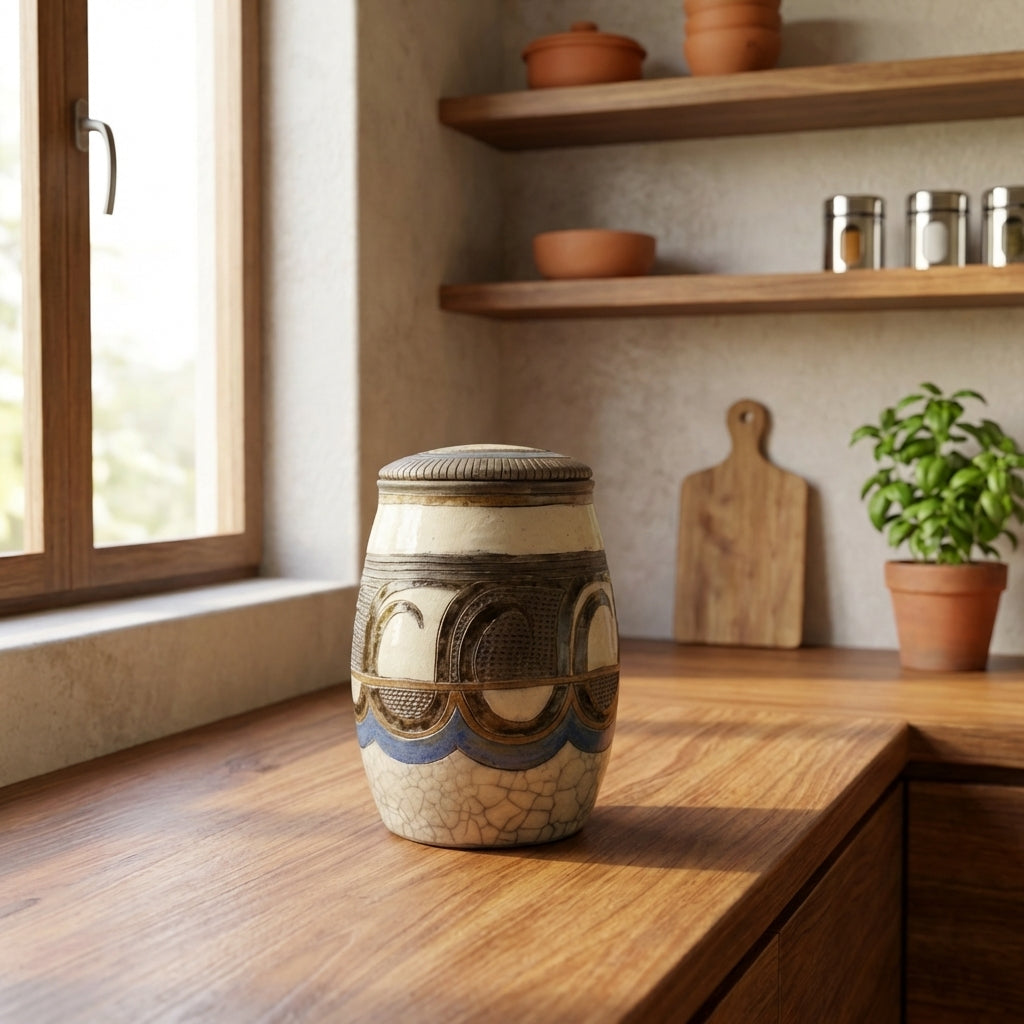Raku pottery cookie Jar by Rika (RF)with decorative patterns on a wooden surface in a kitchen setting