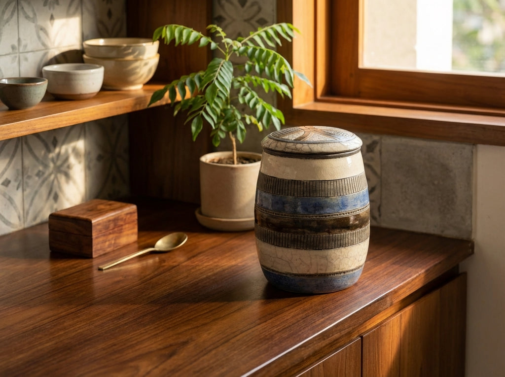 Raku pottery cookie Jar by Rika (RF) on a wooden surface with a plant and bowls in the background.
