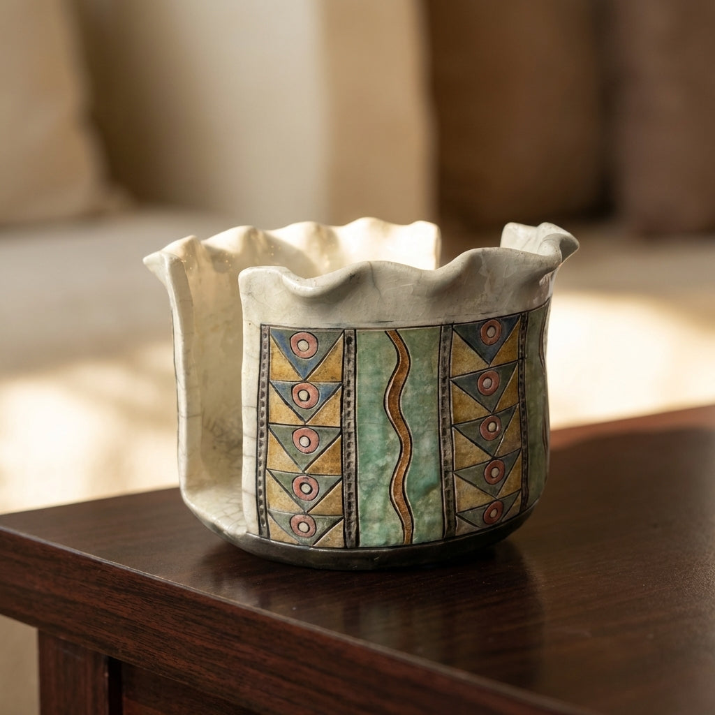 Raku pottery Flower vase by Rika (RF) with geometric patterns