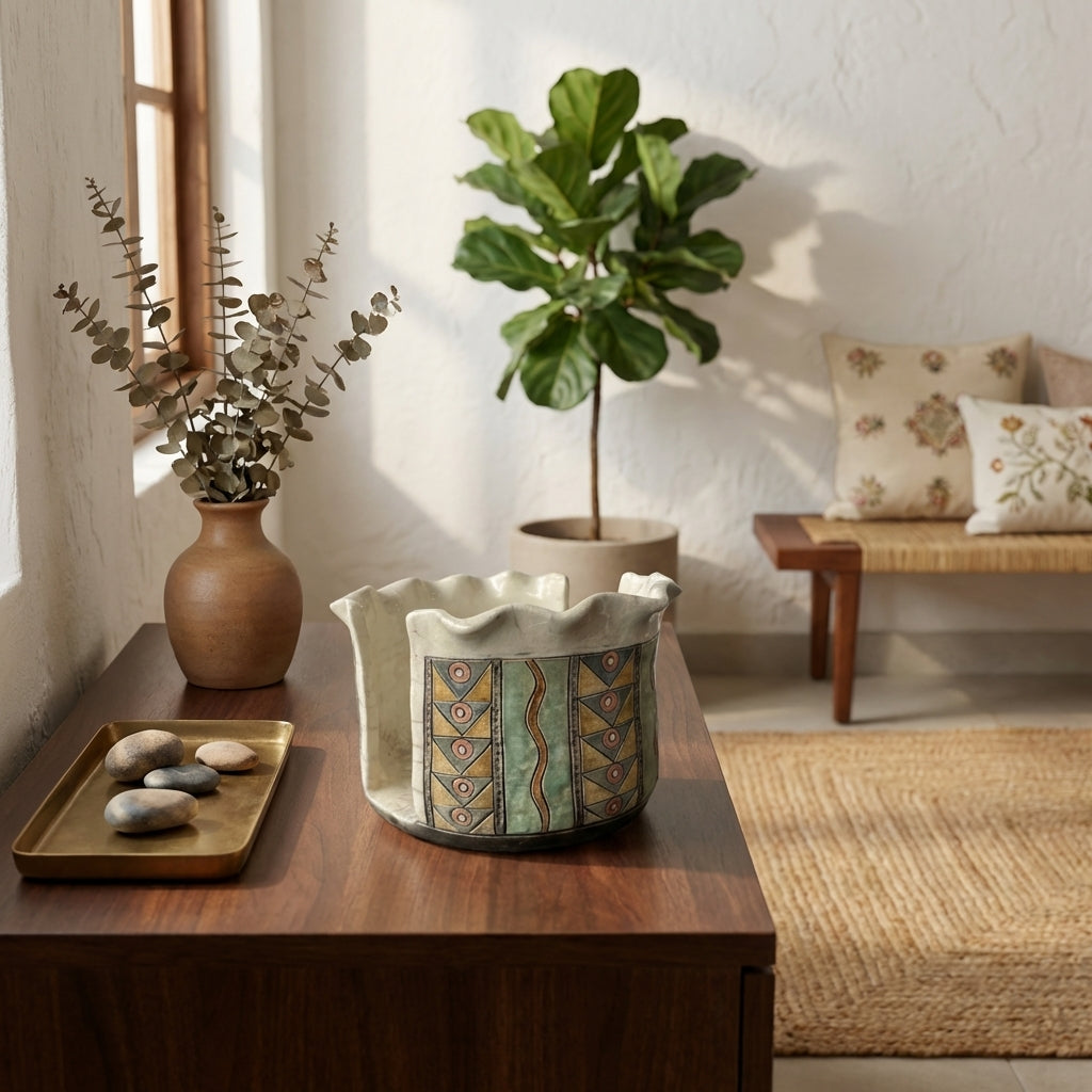 Raku pottery Flower vase by Rika (RF) in a modern living room on an aesthetic wooden table