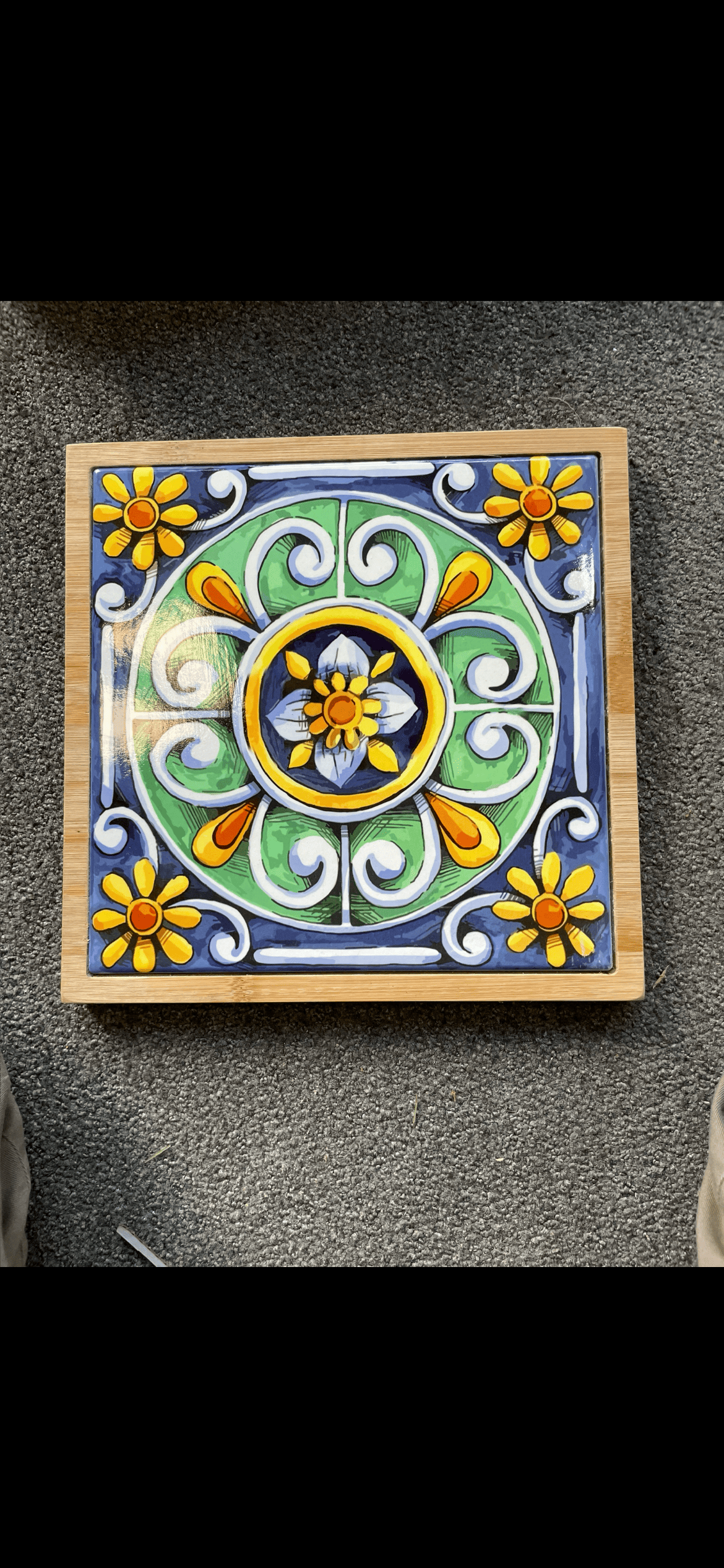 Turkish Hotpot Tile – Navy Daisy Wheel, original product photo, bamboo frame