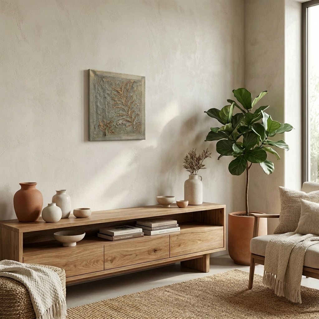 THE MURAL – Luxury Textured Botanical Abstract Painting (25x25 cm) | Neutral Tone Wall Art by Abha Kochar